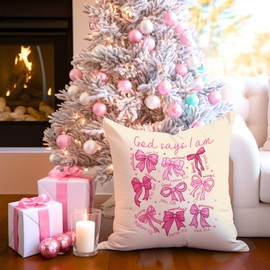 Feranovian Christian Bow Pillow Cover 18x18 – “God Says I Am” Scripture Throw Pillow Case – Cute Pink Faith-Inspired Cushion Cover for Girls’ Room or Church Gift