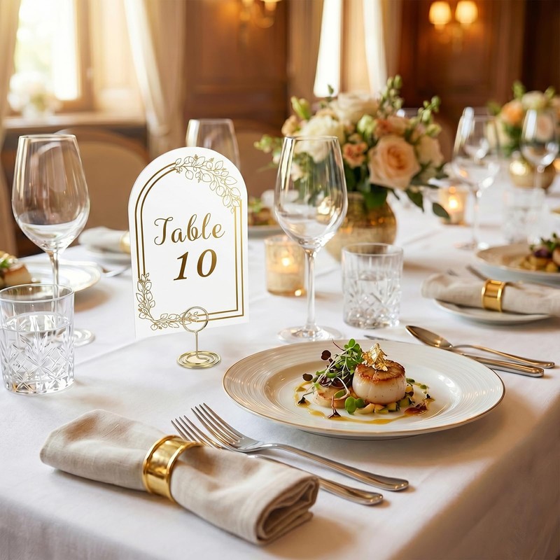 4x6 Inch Wedding Table Numbers 1-20 with Gold Holders (White)