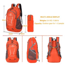 Loocower 45L Ultra Lightweight Foldable Backpack Hiking Daypack Walking Rucksack Water Resistant Packable Camping Mountaineer Outdoor Sport Knapsack for Men Women(04.Orange)