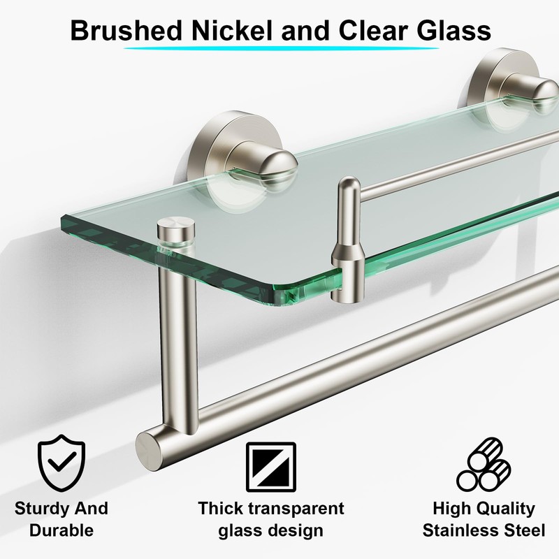 Floating Tempered Glass Bathroom Shelf with Towel Bar - Brushed