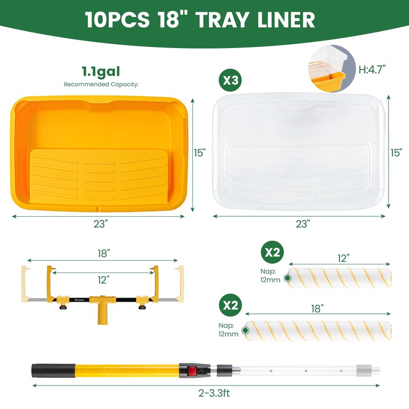 Voomey 18" Paint Roller Kit，10Pc Paint Roller Tray with Liner,12"