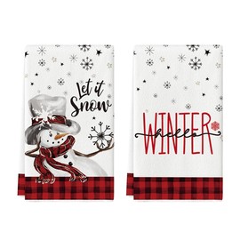 Artoid Mode Red Buffalo Plaid Snowman Winter Kitchen Towels Dish Towels, 18x26 Inch Let It Snow Daily Christmas Decoration Hand Towels Set of 2