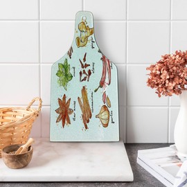 Lunarable Cinnamon Cutting Board, Flavoring Plants in Watercolor Effect and Names Calligraphy Seasoning Foods, Decorative Tempered Glass Cutting and Serving Board, Wine Bottle Shape, Multicolor