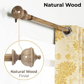 Deco Window Extendable Curtain Rod for Door & Windows Adjustable Length Heavy Duty Iron Farmhouse Drapery Pole with Wooden Finials (1" Diameter) (36" to 66", Natural Wood)