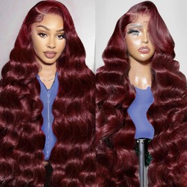 20 Inch 99j Burgundy 13x6 Body Wave Lace Front Wigs Human Hair 200% Density Glueless HD Transparent Lace Frontal Wigs Human Hair Pre Plucked With Baby Hair Burgundy Wine Red Human Hair Wigs For Women