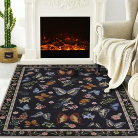 Insect Floral Area Rug for Living Room 5x7 Machine Washable Area Rug Non-Slip Low Pile Large Bedroom Rug Stain Resistant Throw Rug Carpet for Nursery Dining Room Kids Playroom Office Black