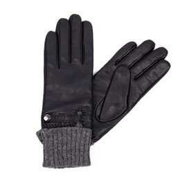 Hand Gewand by Weikert Stella New Edition Women's Leather Gloves with Long Warming Knitted Cuff, Touch Screen Capable, Soft Lambskin Leather, Extra Warm and Elegant, black / grey