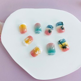 French Tip Press on Nails Short Square Fake Nails with Designs Coconut Tree Gel Glue on Fingernails Sea Waves Acrylic Nails Summer Artificial Nails Glitter Stick on Nails for Women