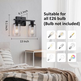 Litaddscen Matte Black Bathroom Light Fixtures Over Mirror,2-Light Bathroom Vanity Light with Clear Glass Shade,Modern Farmhouse Wall Sconces Lighting for Mirror Kitchen Living Room Cabinet
