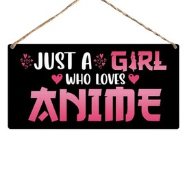 Hiagkmet 6 x 12 Inches Funny Just a Girl Who Loves Anime Wood Sign Rustic Anime Lovers Wooden Hanging Plaque for Home Living Room Girl Bedroom Wall Art Decoration