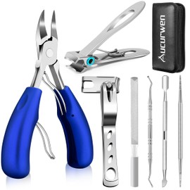 Toenail Clippers for Seniors Thick Toenails, Aucurwen Heavy Duty Toe Nail Clippers Adult Thick Nails Long Handle, Large Toenail Clippers for Thick Nails 7Pcs(Blue)