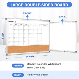 Monthly Calendar Whiteboard Dry Erase Cork Board Combo for Wall, 24" x 18" Magnetic Double-Sided Calendar White Board and Bulletin Board, Portable Board for Office, Kitchen, School, Home