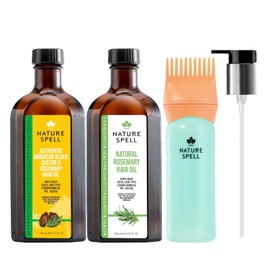 Nature Spell Hair Growth Duo with Rosemary & Jamaican Black Castor Oils | Pre-Diluted Oil Set to Stimulate Growth & Strengthen Dry Strands, with Applicator & Pump, for All Hair Types, Vegan