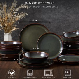 HaWare Plates and Bowls Set, Stoneware Dinnerware Sets, 12-Piece Hand-painted Dishware for 4, Ceramic Dinner Set for Home Kitchen, Scratch Resistant, Microwave and Dishwasher Safe, Reactive Moss Green