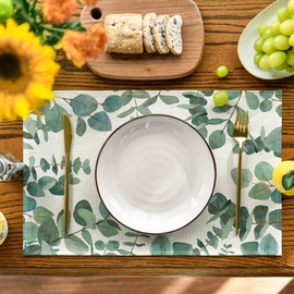 Artoid Mode Eucalyptus Leaves Summer Placemats for Dining Table, 12 x 18 Inch Spring Seasonal Holiday Rustic Vintage Washable Table Mats Set of 6