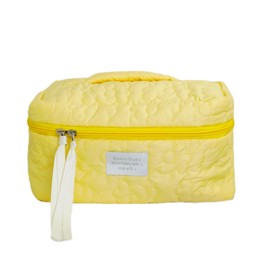 COENVYLIV Cotton Quilted Makeup Bag for Women Large Capacity Travel Cosmetic Bag Waterproof Cute Floral Toiletry Organizer Bag for Travel Business Trips Vacations,Yellow