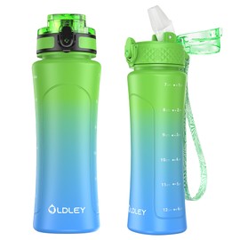 OLDLEY 450ml/15oz Kids Water Bottle with Straw Childrens Boys Girls Toddler 2 Lids Reusable Drink Bottles with Times Markings for School Home Camping Outdoor Sports BPA Free Leakproof Durable