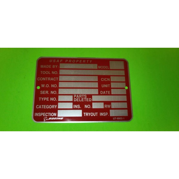 Boeing Aircraft Co UT-6902-1 USAF PROPERTY Tag Metal Plate -