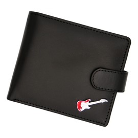 Genuine Black Leather Wallet with a Red Electric Guitar Music Emblem