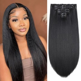 Kinky Straight Clip in Hair Extensions Natural Black 18 Inch 130g 7 Pcs Yaki Straight Clip in Hair for Black Women Full Head Yaki Straight Seamless Clip in Synthetic Hair