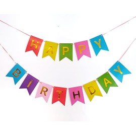Colourful Happy Birthday Banner Bunting Rainbow Multicolour with Gold Foil Letters Girls Boys Kids Birthday Decorations
