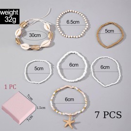 CharmBurst 7 Pieces Shell Anklets, Beach Foot Jewellery, Boho Stack Stretch Beads, Hawaiian Summer Jewellery Set, Elegant Waterproof Surfer Bracelets