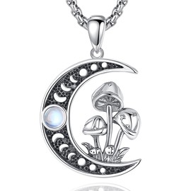 CELESTIA Mushroom Necklace Moon Necklace Silver Witch Witchy Jewelry 925 Sterling Silver Crescent Moon Phase Moonstone Jewelry Mushroom Gifts for Women Teenage Daughter Wiccan Wican Witchy Witchcraft