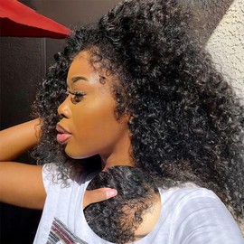 Qmaple 4C Edges Kinky Curly Lace Front Wigs Human Hair 13x4 HD Transparent Lace Frontal Wigs with Curly Edges Baby Hair 200% Density Deep Wave Curly Wig Pre-Plucked Hairline 24Inch