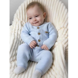 Minora Gestrickter Unisex Strampler für Baby Jungen und Mädchen, Overall für Neugeborene im Winter, 9-12 Monate, Blau