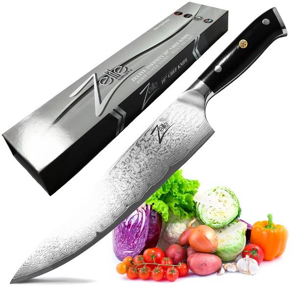 Zelite Infinity Japanese Chef Knife 10 Inch, Damascus Chef Knife, Japanese Knife, Kitchen Knife, Chefs Knife, Chef's Knives - Japanese AUS-10 Super Steel 67-Layer Damascus Knife - Razor Sharp Knife