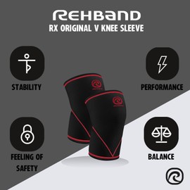 Rehband V-Knee Bandage for Weight Training, 7 mm, Made of SBR / Neoprene, Competition-Suitable Powerlifting Bandage, Knee Sleeves Gym, Crossfit, Fitness and Weightlifting, Colour: Black/Red, Pair