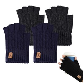 Thermal Winter Warm Half Finger Gloves, 2 Pair Plush Knitted Gloves, Outdoor Driving Working Running Cycling Gloves, Half Finger Cycling Gloves, for Mountain Bike, Road Bicycle, Black, Navy Blue