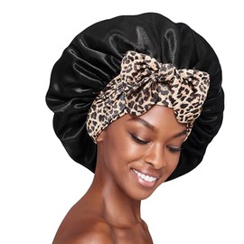 Red by Kiss Silky Satin Tie Bonnet – Adjustable Tie & Elastic for Secure Fit, Protects Natural and Relaxed Hair, Protective Styles, Anti Breakage (Black/Leopard, XL)