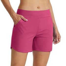 WILLIT Swimming Shorts Women's Swimming Trunks Board Shorts Quick Drying Bikini Shorts with Pockets Inner Lining 5 Inches, pink, XL