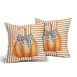 Orange Pumpkin Striped Fall Pillow Covers 18X18 Inch Autumn Harvest Thanksgiving Decorative Pillow Cases Set of 2 Farmhouse Cotton Linen Throw Pillows Home Decor For Bed Sofa Couch Party Outdoor