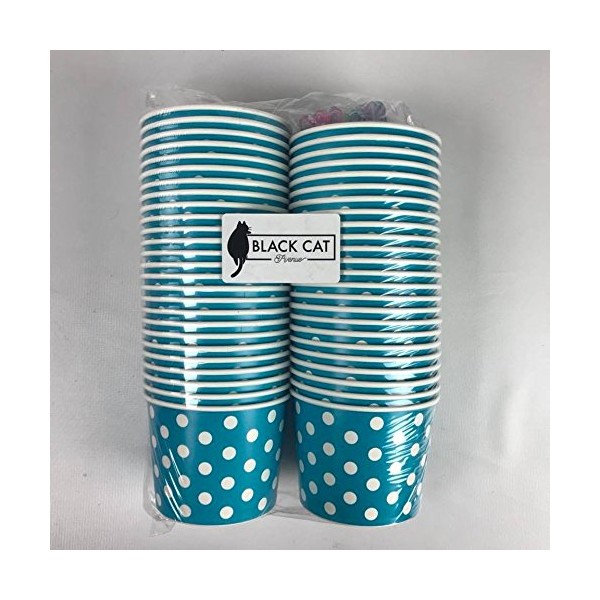 Black Cat Avenue Paper Ice Cream Cups with Spoons Combo, Polka Dot, Blue, 12 Ounce, 50 Pack