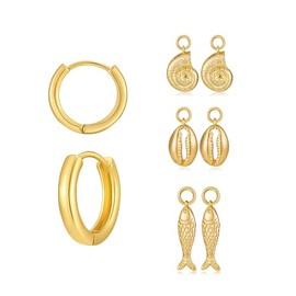 MYCUTEY Gold Hoop Earrings With Charms Set For Women Small Huggie Hoop With Interchangable Conch Shell Fish Charms Summer Beach Mix and Match Earring Pack