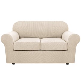 H.VERSAILTEX 3 Piece Stretch Sofa Covers for 2 Cushion Loveseat Couch Covers for Living Room Sofa Slipcovers (Base Cover Plus 2 Seat Cushion Covers) Thicker Jacquard Fabric(Medium Sofa, Natural)