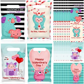Frienda 100 Pieces Plastic Valentine Gift Bags Bulk Monster Treat Bags Romantic Happy Valentine's Day Candy Bags Goodie Bags with Handle Holiday Merchandise Bags for Valentine Party Favors Decoration
