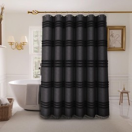 Inhousolu Extra Long Woven Fabric Shower Curtain, 256GSM, Boho Tufted Textured Striped Tassel, Wrinkle Free, Farmhouse Minimalist, Water-Repellent Cloth Bath Curtain for Bathroom 72" W x 84" L Black