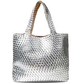 JINMANXUE Woven Tote Bag for Women, Large Summer Beach Travel Handbag and Purse Retro Handmade Shoulder Bags (Tin foil Silver)