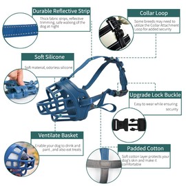 BARKLESS Dog Muzzle, Basket Muzzle for Small Medium Large Dogs, Soft Cage Mouth Cover for Biting Chewing, Allow Drinking Panting for German Shepherd Pitbull Rottweiler (1 (Snout 6-7½"), Blue)