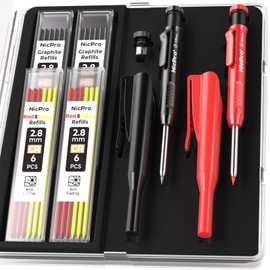 Nicpro 2Pack Carpenter Pencil with Sharpener, Mechanical Carpenter Pencils with 26 Refills (Red, Black, Yellow), Deep Hole Marker Construction Heavy Duty Woodworking Pencils for Architect