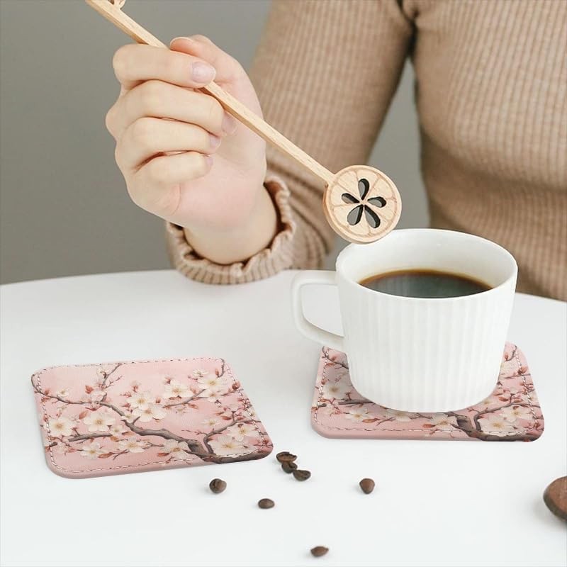 Coasters for Drinks with Holder, Pink Cherry Blossoms on Branches
