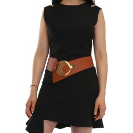 FASHIONGEN - Wide leather belt for women with round crossed buckle SOLAINE, Camel (Golden Buckle)
