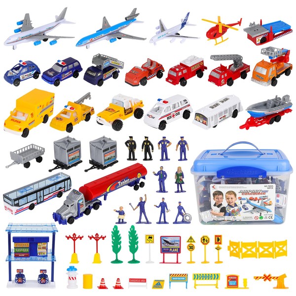 deAO Deluxe 55-Piece Kids Commercial Airport Set in Storage Bucket with Toy Airplanes, Play Vehicles, Police Figures, and Accessories, Multicoloured