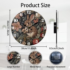 CHGCRAFT Rabbit Wall Clock Retro Flowers Non-Ticking Clock 12 Inch Round Decorative Printed Wall Clock for Home Office Decoration