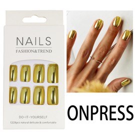 24Pcs Gold Press on Nails Medium Short Square Acrylic Nails False Nails Mirror Metal Solid Color Full Glossy Stick on Nails Chrome Glazed Shiny Plating Nails Thick Glue on Nails for Women Manicure