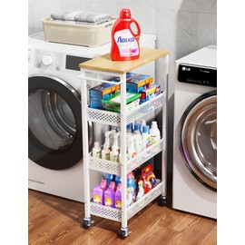 OKZEST Utility Slim Storage Cart, 4-Tier Narrow Bathroom Organizers and Storage Cart, Narrow Metal Kitchen Laundry Room Organization Shelf with Wood Top, Slim Rolling Carts with Wheels for Small Space