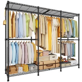 ULIFHOME E14 Pro Heavy Duty Clothes Rack，Freestanding Clothing Racks for Hanging Clothes，Adjustable Closet Organizers and Storage，Metal Garment Rack with Shelves 69"W x16"D x77"H，Max Load 960LBS，Black